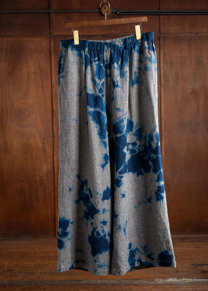 SUZUSAN Wool Cashmere Herringbone Drawstring Wide Pants / Madara Shibori Dark Blue X Black 5041WNK-010-2210