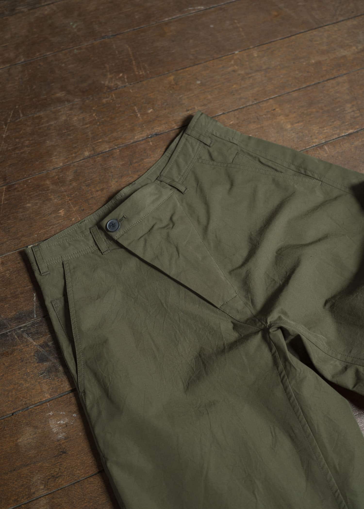 JAN-JAN VAN ESSCHE TROUSERS#84-COTTON SILK CANVAS ARMY GREEN Oversized 6-Pocket Workwear Style Trousers Cotton Silk Canvas Army Green