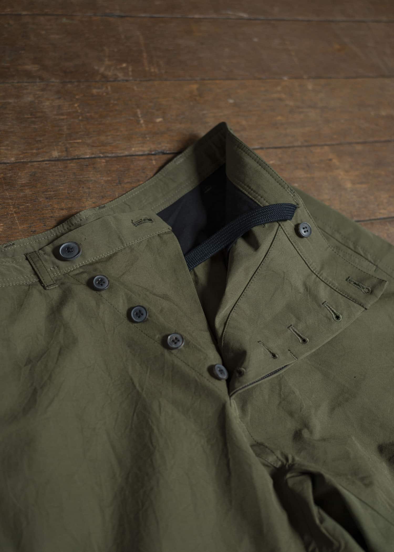 JAN-JAN VAN ESSCHE TROUSERS#84-COTTON SILK CANVAS ARMY GREEN Oversized 6-Pocket Workwear Style Trousers Cotton Silk Canvas Army Green