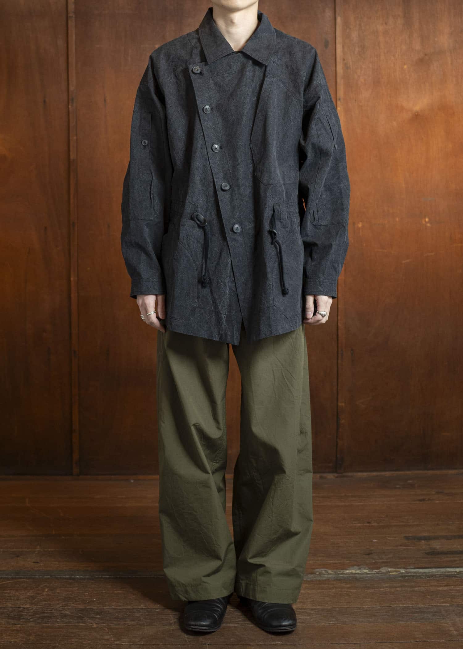 JAN-JAN VAN ESSCHE TROUSERS#84-COTTON SILK CANVAS ARMY GREEN Oversized 6-Pocket Workwear Style Trousers Cotton Silk Canvas Army Green