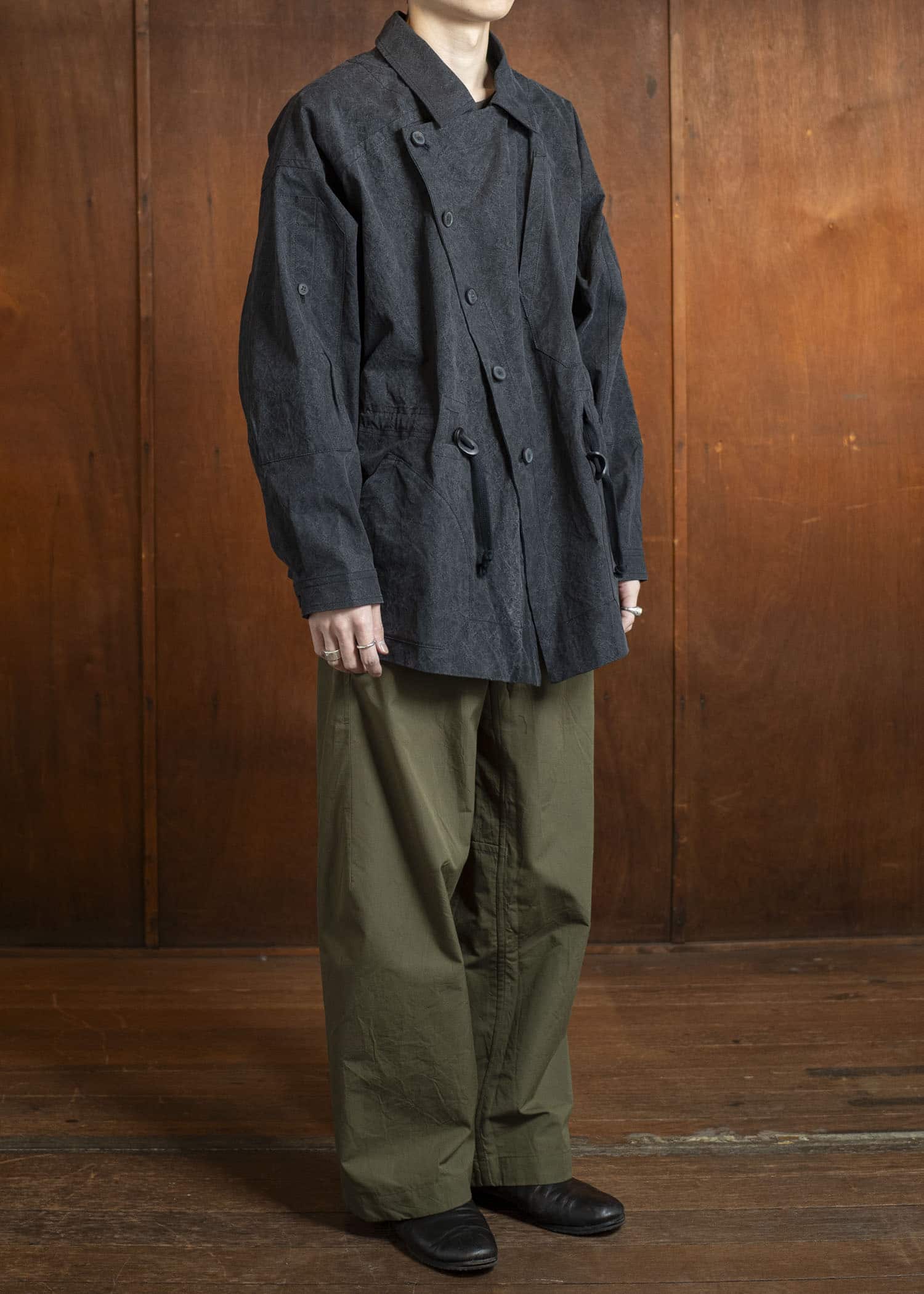 JAN-JAN VAN ESSCHE TROUSERS#84-COTTON SILK CANVAS ARMY GREEN Oversized 6-Pocket Workwear Style Trousers Cotton Silk Canvas Army Green