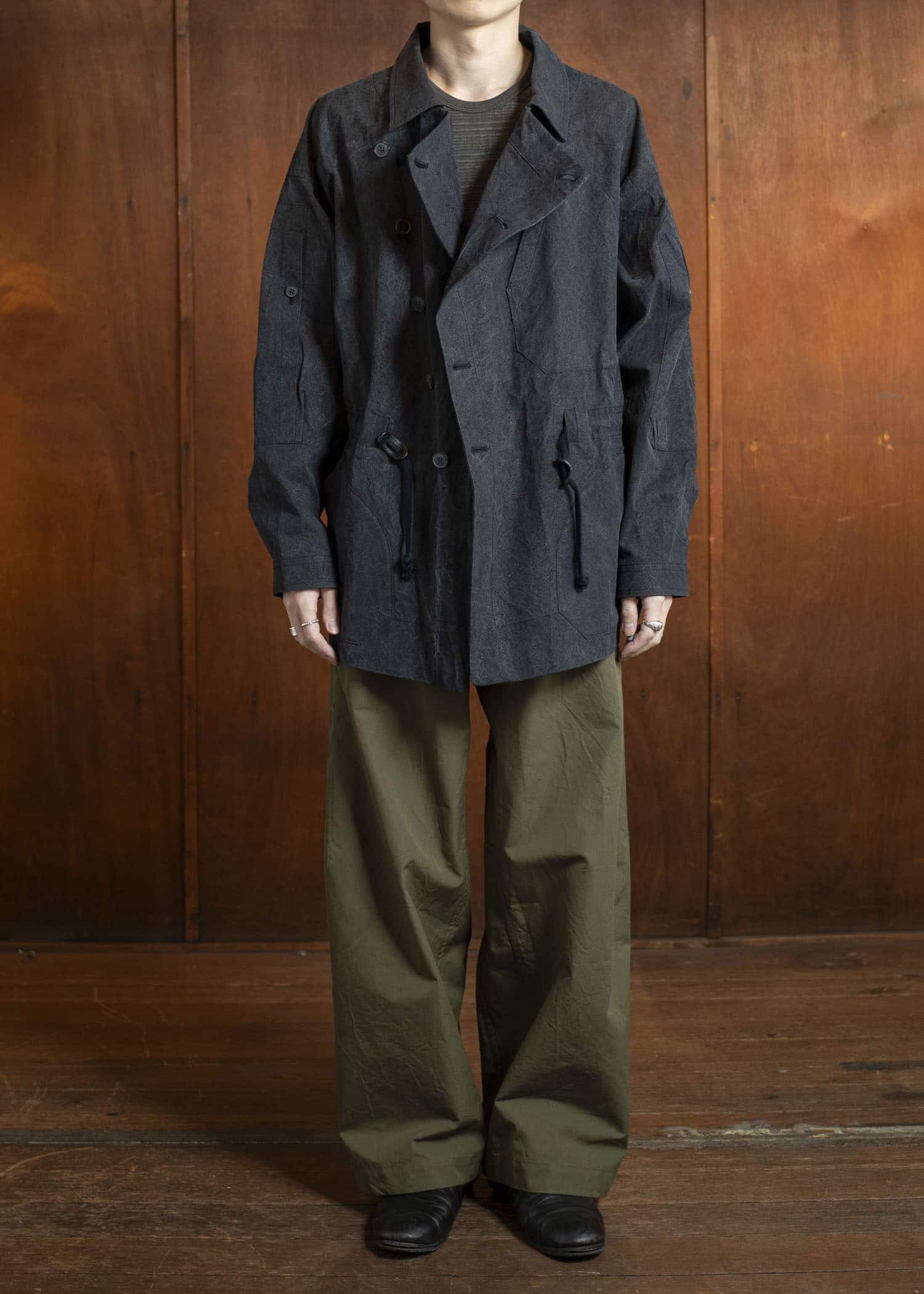 JAN-JAN VAN ESSCHE TROUSERS#84-COTTON SILK CANVAS ARMY GREEN Oversized 6-Pocket Workwear Style Trousers Cotton Silk Canvas Army Green