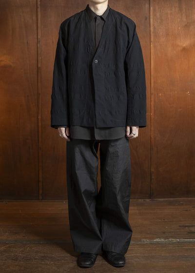 JAN-JAN VAN ESSCHE JACKET#59-BROAD STRIPE CLOTH BLACK Unlined Collarless Blazer Broad Stripe Cloth Black