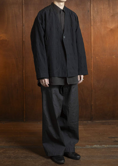 JAN-JAN VAN ESSCHE JACKET#59-BROAD STRIPE CLOTH BLACK Unlined Collarless Blazer Broad Stripe Cloth Black