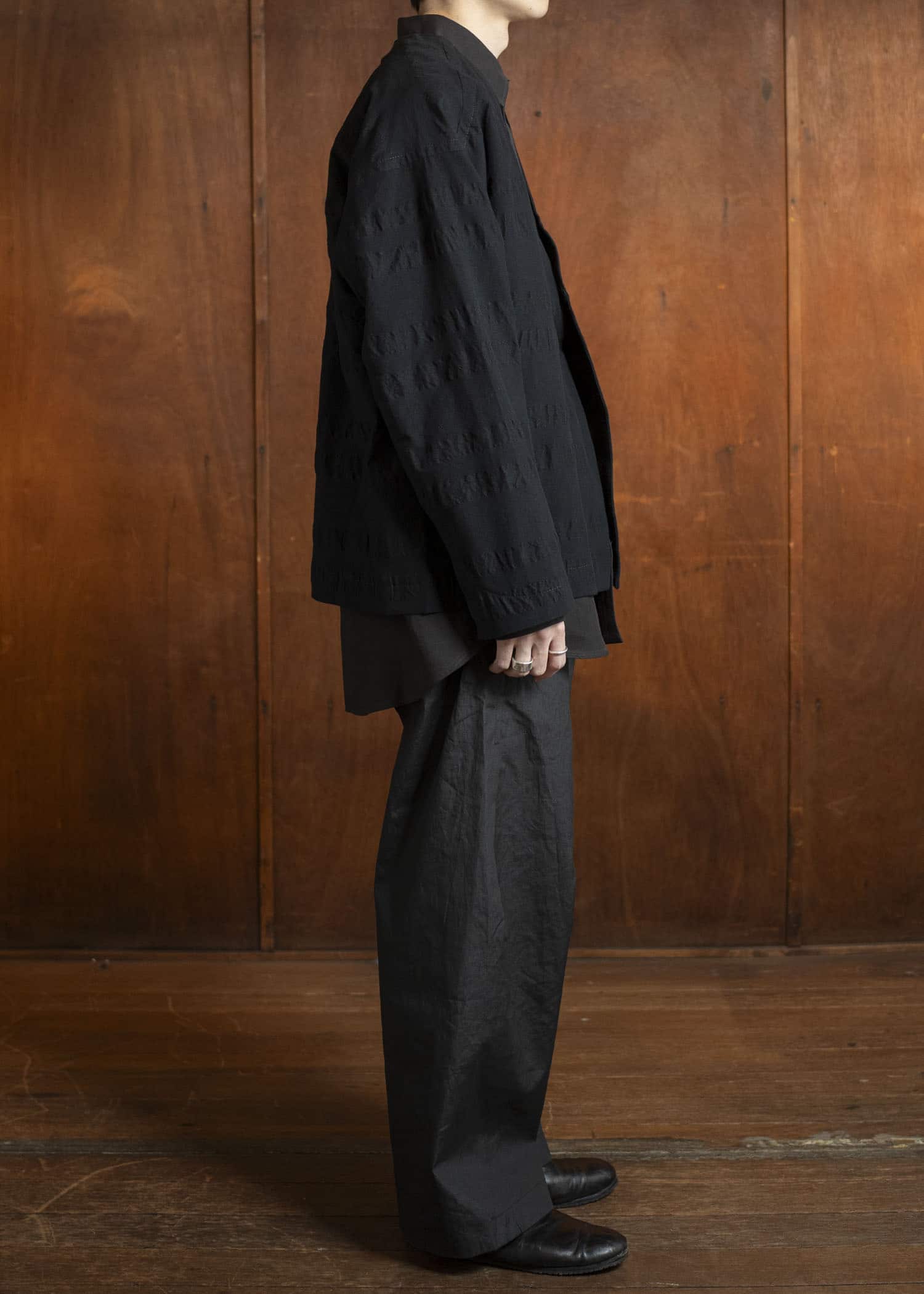 JAN-JAN VAN ESSCHE TROUSERS#84-COATED CLOTH TAR BLACK Oversized 6-Pocket Workwear Style Trousers Coated Cloth Tar Black
