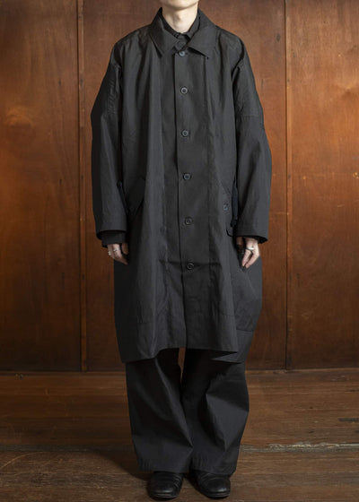 JAN-JAN VAN ESSCHE COAT#32-COATED CLOTH TAR BLACK Long, Loose Fit Coat With Front Panel Pockets, Unlined With Detachable Collar Coated Cloth Tar Black