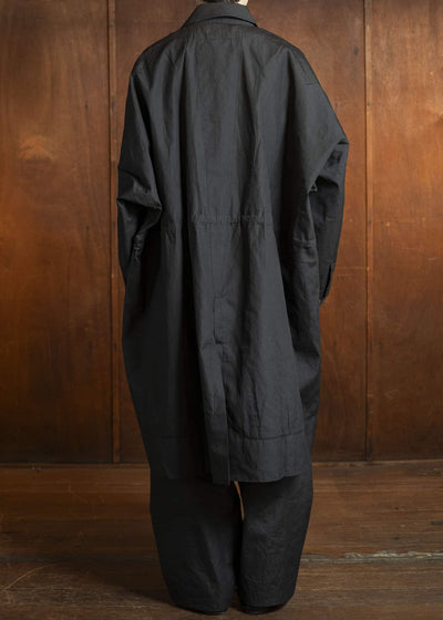 JAN-JAN VAN ESSCHE COAT#32-COATED CLOTH TAR BLACK Long, Loose Fit Coat With Front Panel Pockets, Unlined With Detachable Collar Coated Cloth Tar Black