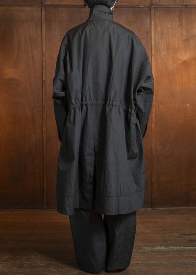 JAN-JAN VAN ESSCHE COAT#32-COATED CLOTH TAR BLACK Long, Loose Fit Coat With Front Panel Pockets, Unlined With Detachable Collar Coated Cloth Tar Black