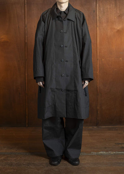JAN-JAN VAN ESSCHE COAT#32-COATED CLOTH TAR BLACK Long, Loose Fit Coat With Front Panel Pockets, Unlined With Detachable Collar Coated Cloth Tar Black