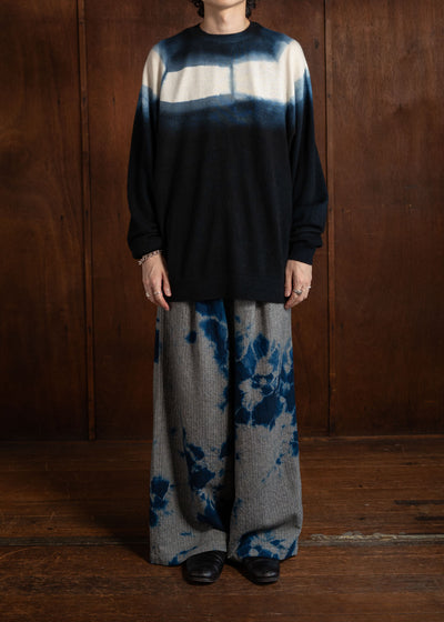 SUZUSAN Wool Cashmere Herringbone Drawstring Wide Pants / Madara Shibori Dark Blue X Black 5041WNK-010-2210