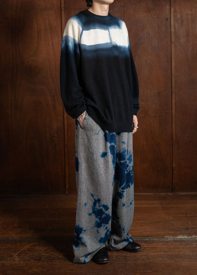 SUZUSAN Wool Cashmere Herringbone Drawstring Wide Pants / Madara Shibori Dark Blue X Black 5041WNK-010-2210
