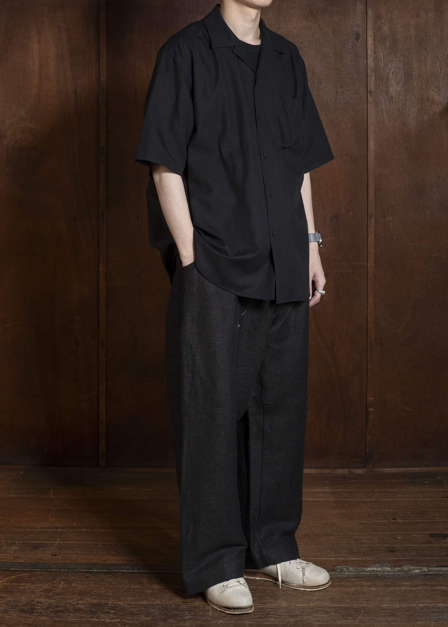 YOKO SAKAMOTO YS-26SS-49-BLACK Open Collar S/S Shirt BLACK