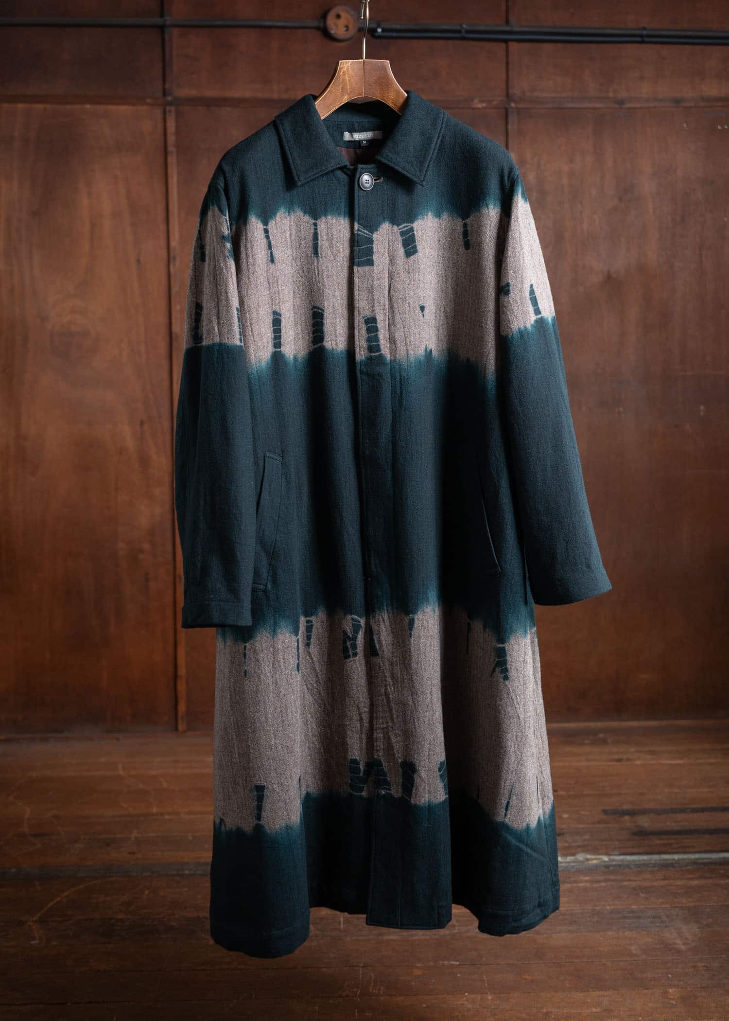 SUZUSAN Wool Cashmere Herri Ngbone Long Coat Boushi Yoroidan Shibori Spruce X Mud Dy Brown 8037WNK-350-5467