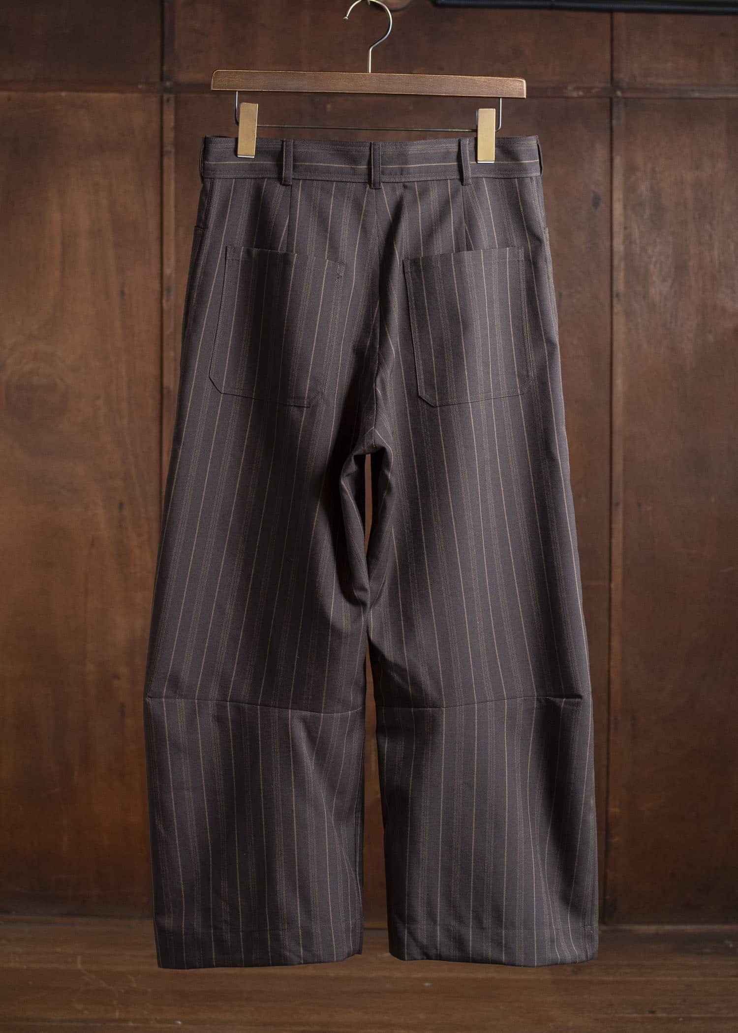 unkruid inmo trousers brown striped worsted suiting