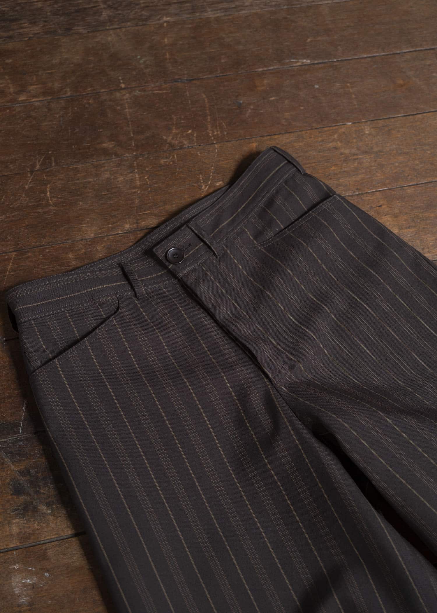 unkruid inmo trousers brown striped worsted suiting