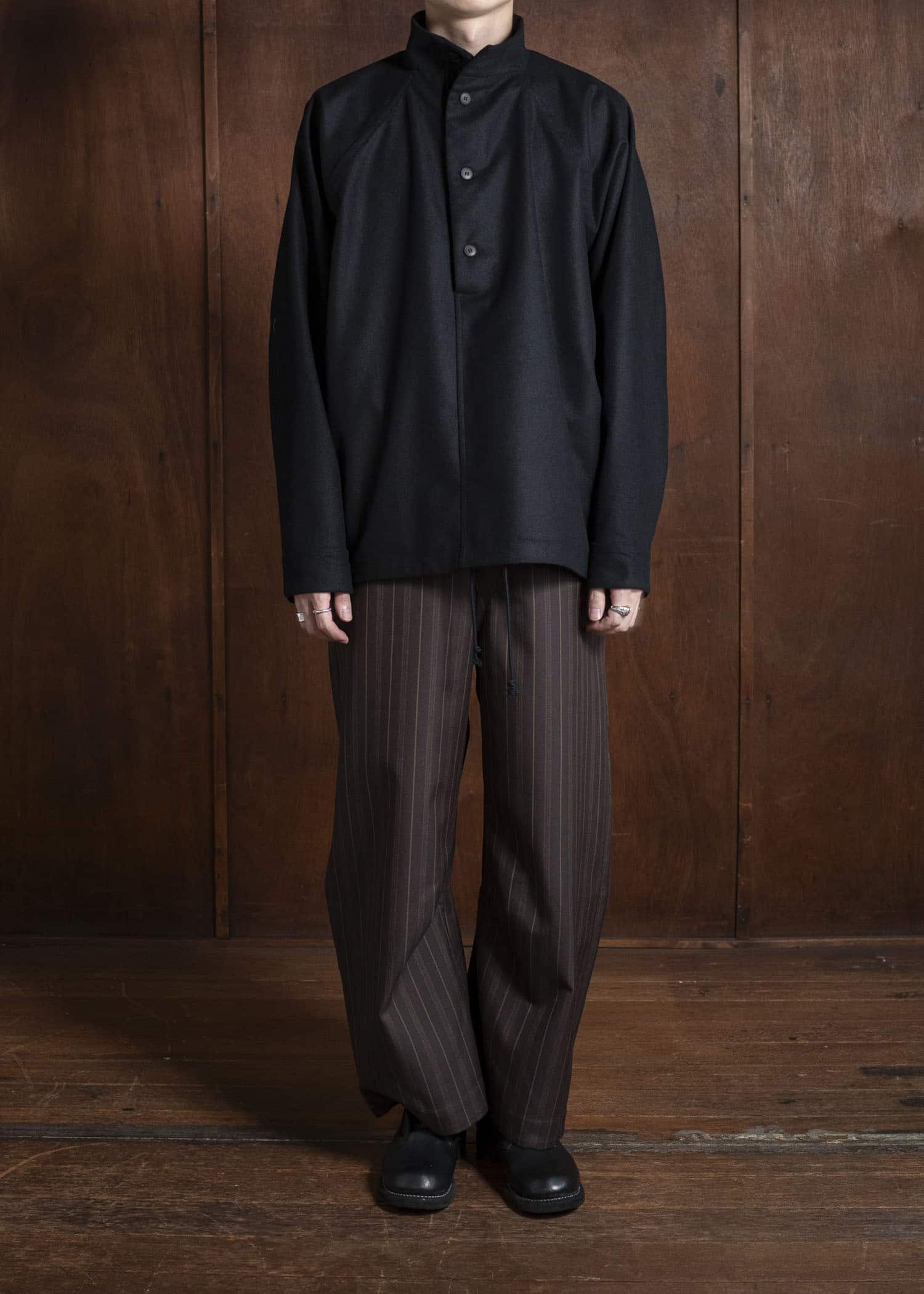 unkruid inmo trousers brown striped worsted suiting