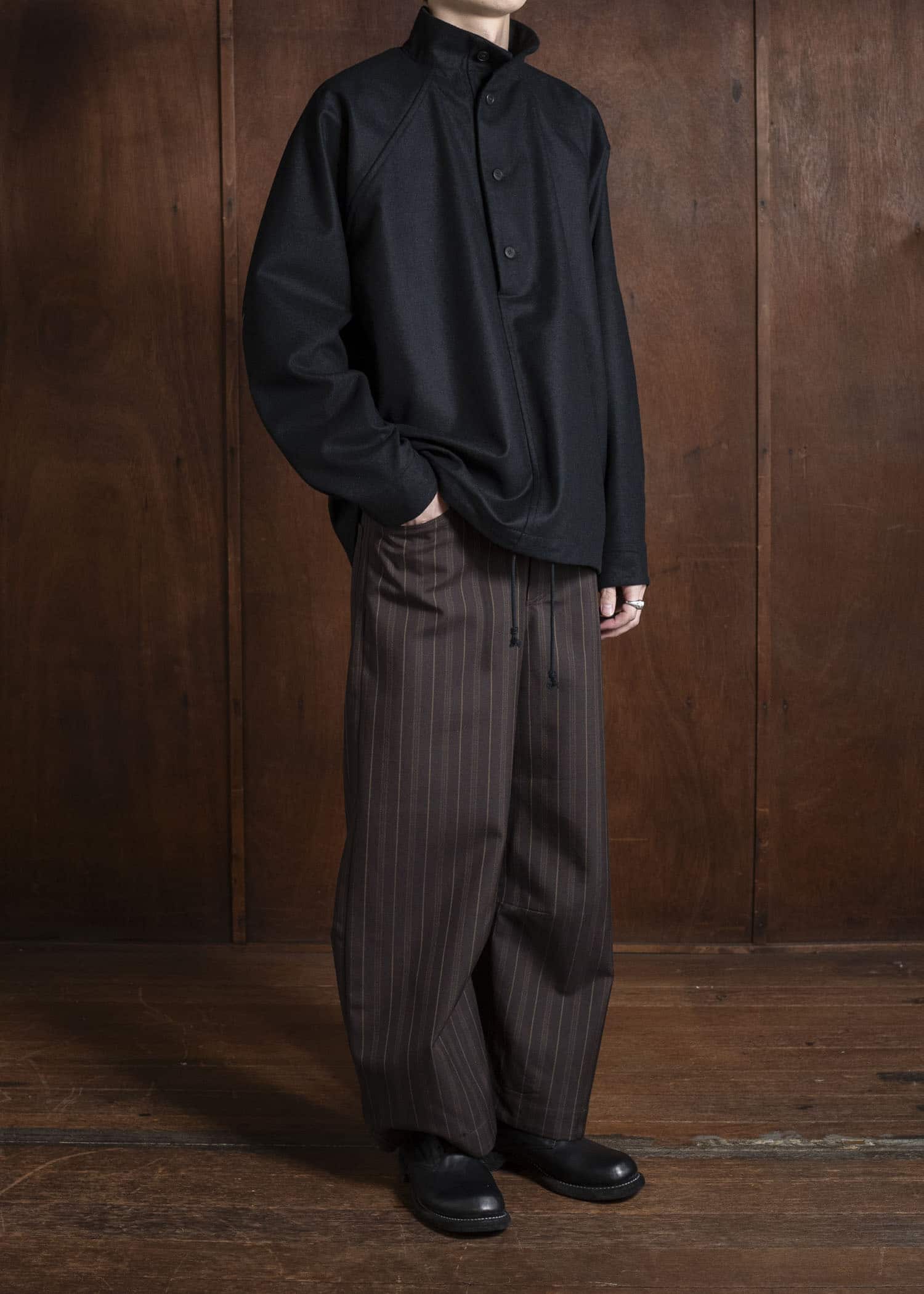 unkruid inmo trousers brown striped worsted suiting