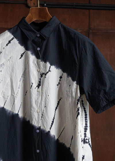 SUZUSAN Cotton Front Button Half Sleeve Dress Tesuji Yoroidan Shibori Diagonal Black x Leaf Green