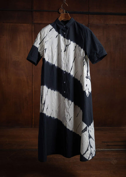 SUZUSAN Cotton Front Button Half Sleeve Dress Tesuji Yoroidan Shibori Diagonal Black x Leaf Green