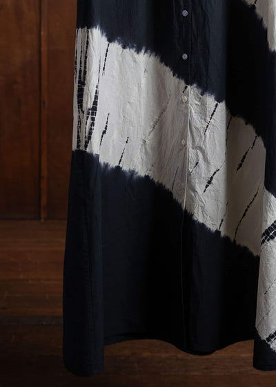 SUZUSAN Cotton Front Button Half Sleeve Dress Tesuji Yoroidan Shibori Diagonal Black x Leaf Green