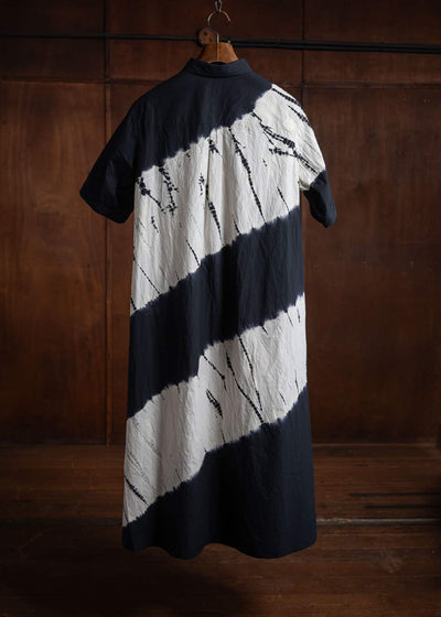 SUZUSAN Cotton Front Button Half Sleeve Dress Tesuji Yoroidan Shibori Diagonal Black x Leaf Green