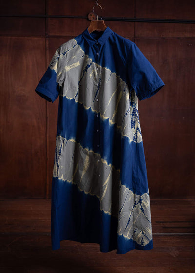 SUZUSAN Cotton Front Button Half Sleeve Dress Tesuji Yoroidan Shibori Diagonal Navy Blue x Khaki
