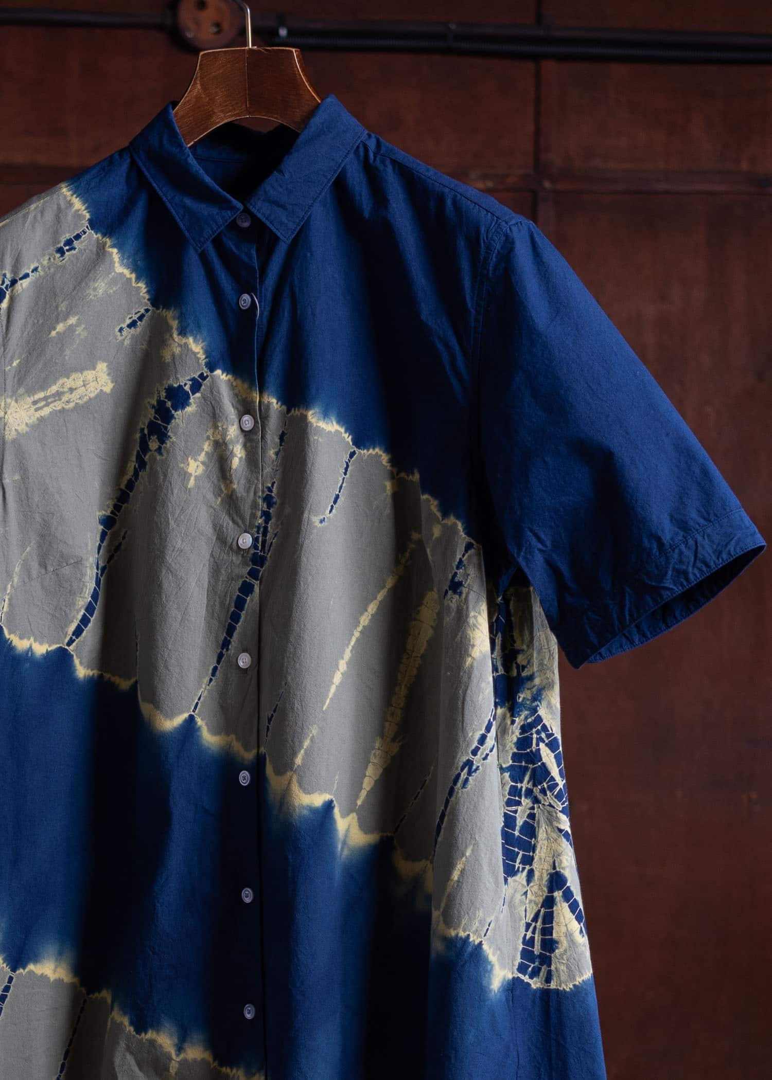 SUZUSAN Cotton Front Button Half Sleeve Dress Tesuji Yoroidan Shibori Diagonal Navy Blue x Khaki
