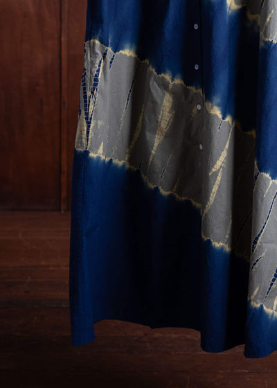 SUZUSAN Cotton Front Button Half Sleeve Dress Tesuji Yoroidan Shibori Diagonal Navy Blue x Khaki