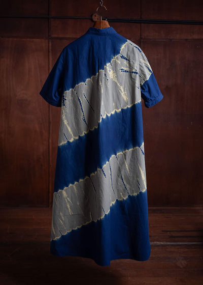 SUZUSAN Cotton Front Button Half Sleeve Dress Tesuji Yoroidan Shibori Diagonal Navy Blue x Khaki