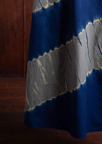 SUZUSAN Cotton Front Button Half Sleeve Dress Tesuji Yoroidan Shibori Diagonal Navy Blue x Khaki