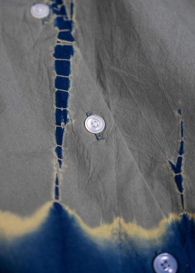 SUZUSAN Cotton Front Button Half Sleeve Dress Tesuji Yoroidan Shibori Diagonal Navy Blue x Khaki