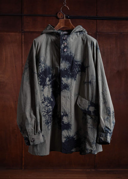 SUZUSAN Recycled Ripstop Nylon Hooded Half Coat Tesuji Yoroidan Shibori """"""""Diagonal"""""""" Black x Khaki