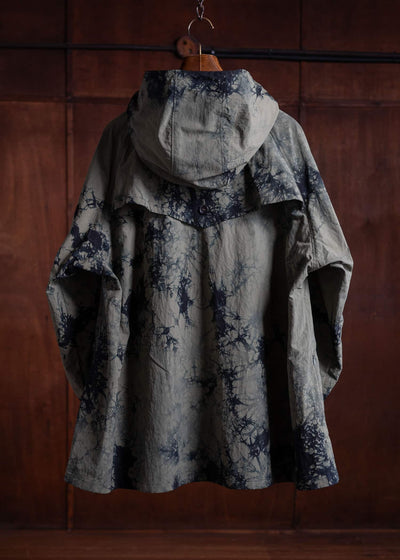 SUZUSAN Recycled Ripstop Nylon Hooded Half Coat Tesuji Yoroidan Shibori """"""""Diagonal"""""""" Black x Khaki