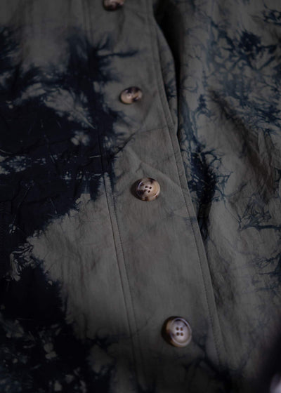 SUZUSAN Recycled Ripstop Nylon Hooded Half Coat Tesuji Yoroidan Shibori """"""""Diagonal"""""""" Black x Khaki