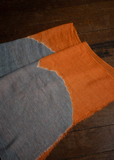 SUZUSAN Hand Woven Linen Shawl Boushi Somewake Shibori """"""""Cloud"""""""" BurntOrenge x Grey