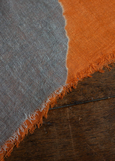 SUZUSAN Hand Woven Linen Shawl Boushi Somewake Shibori """"""""Cloud"""""""" BurntOrenge x Grey