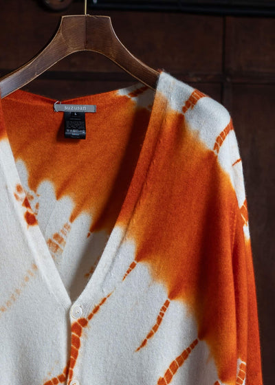 SUZUSAN Cashmere Seamless Wide Cardigan Tesuji Yoroidan Shibori Diagonal Burnt Orange x Natural White