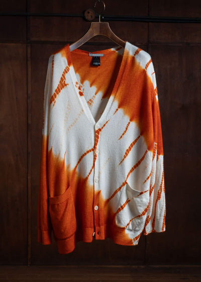 SUZUSAN Cashmere Seamless Wide Cardigan Tesuji Yoroidan Shibori Diagonal Burnt Orange x Natural White