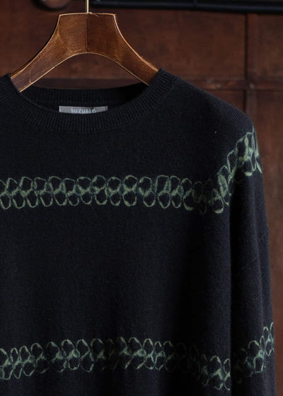 SUZUSAN Cashmere Seamless Crew Neck Wide Pullover(Yatara Miura Shibori """"""""Border"""""""") Black x Leaf Green