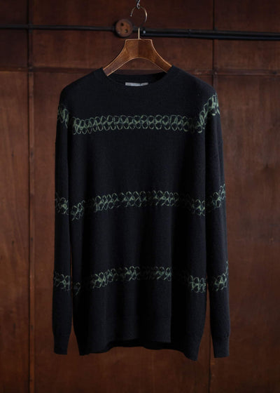SUZUSAN Cashmere Seamless Crew Neck Wide Pullover(Yatara Miura Shibori """"""""Border"""""""") Black x Leaf Green