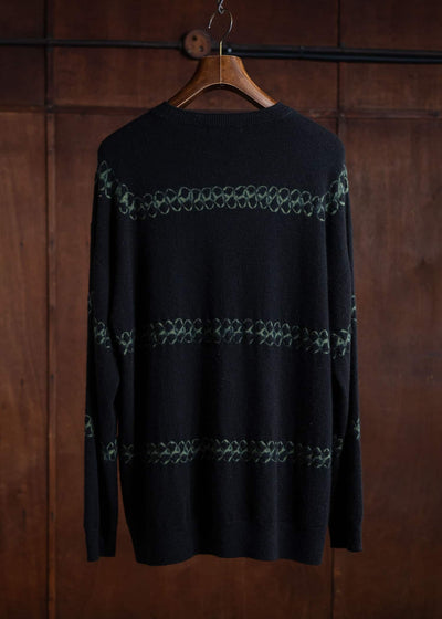 SUZUSAN Cashmere Seamless Crew Neck Wide Pullover(Yatara Miura Shibori """"""""Border"""""""") Black x Leaf Green