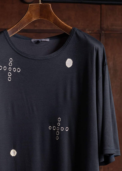 SUZUSAN Micro Modal Short Sleeve T-Shirt(Tsukidashi Kanoko Shibori """"o+"""") Black x  Grege