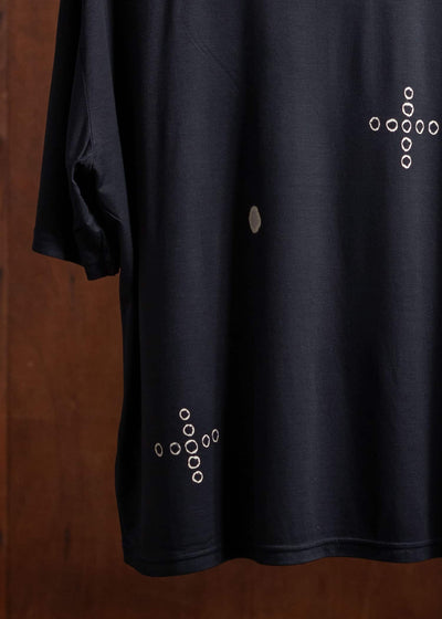 SUZUSAN Micro Modal Short Sleeve T-Shirt(Tsukidashi Kanoko Shibori """"o+"""") Black x  Grege