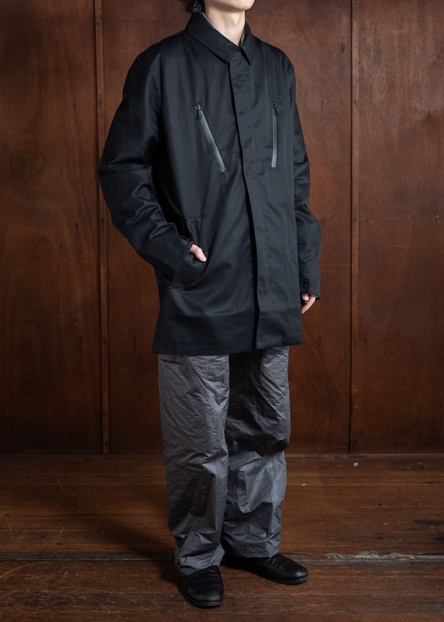 SUZUSAN Cotton Long Sleeve Overshirt(Tesuji Yoroidan Shibori """"Diagonal"""") Black x Light Grey