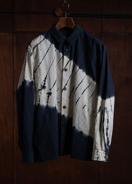 SUZUSAN Cotton Long Sleeve Overshirt(Tesuji Yoroidan Shibori """"""""Diagonal"""""""") Black x Light Grey