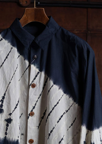 SUZUSAN Cotton Long Sleeve Overshirt(Tesuji Yoroidan Shibori """"""""""""""""Diagonal"""""""""""""""") Black x Light Grey