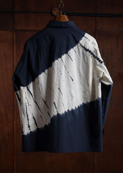 SUZUSAN Cotton Long Sleeve Overshirt(Tesuji Yoroidan Shibori """"""""""""""""Diagonal"""""""""""""""") Black x Light Grey