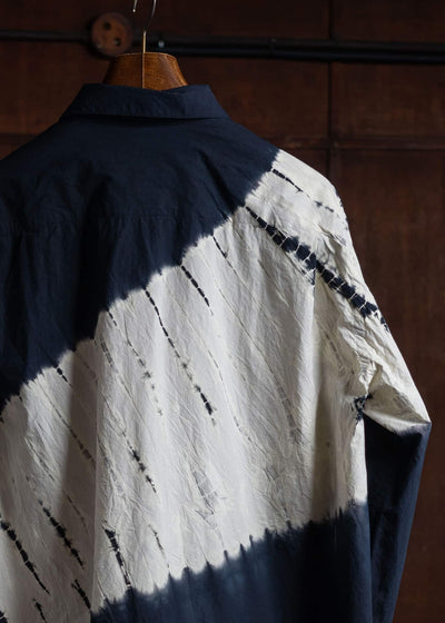 SUZUSAN Cotton Long Sleeve Overshirt(Tesuji Yoroidan Shibori """"""""""""""""Diagonal"""""""""""""""") Black x Light Grey