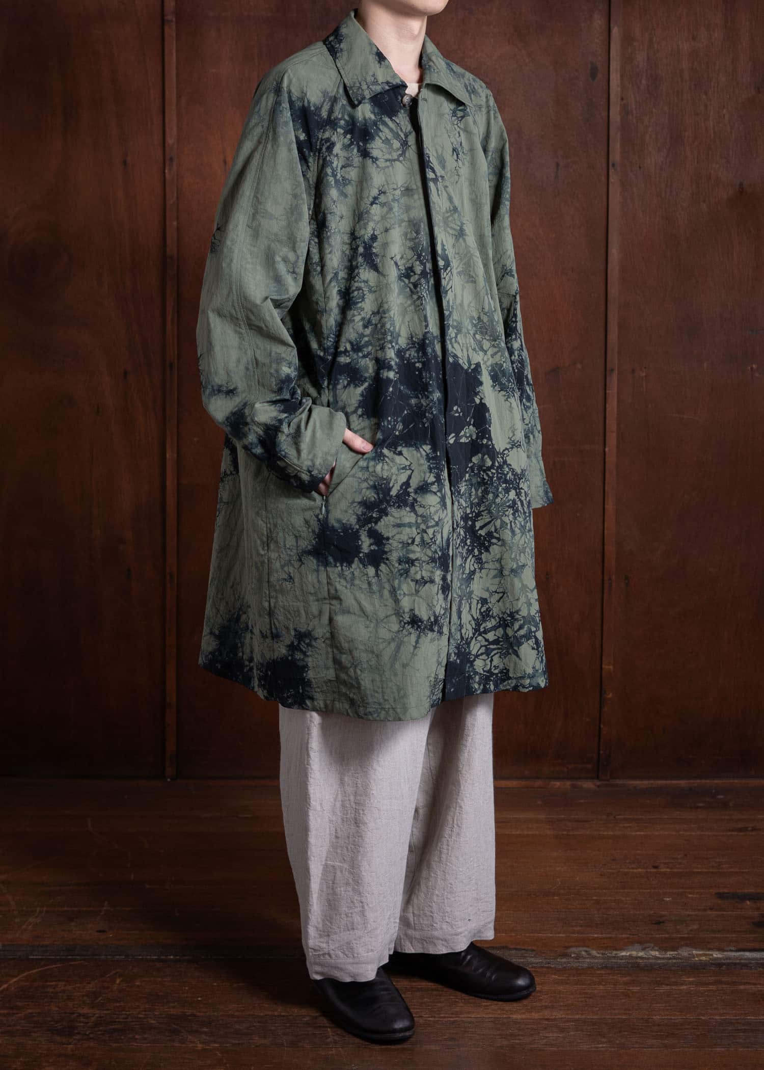 SUZUSAN Recycled Ripstop Nylon Long Coat Madara Shibori Black x Khaki