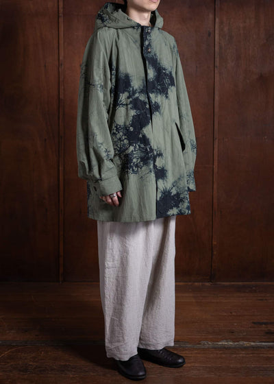 SUZUSAN Recycled Ripstop Nylon Hooded Half Coat Tesuji Yoroidan Shibori """"""""Diagonal"""""""" Black x Khaki